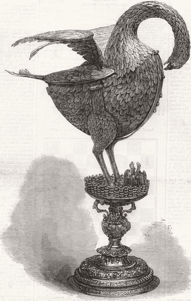 LEEDS. Silver-gilt cup, form of Pelican, exhibition 1868 old antique print
